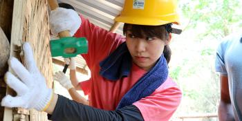 A Japanese volunteer at Asia Build in Myanmar
