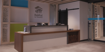 Empty receptionist desk at Habitat headquarters office. 