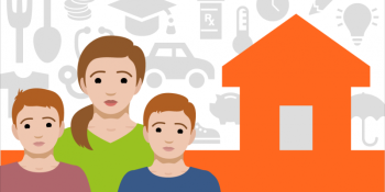 A graphic of a house icon with a mother and two kids in front.