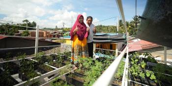 Kartina and her husband Muhaeni at their rooftop garden in Batam, Indonesia