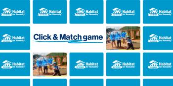 Rows of rectangles with Habitat logo and two rectangles with matching photos. Text: Click and match game