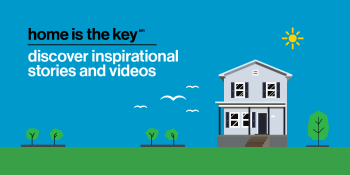 Graphic: White house illustration with a blue sky background that reads, "Discover inspirational stories and videos."