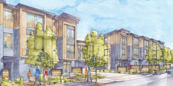 Watercolor and pen architectural illustration of Habitat Portland development