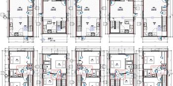 Illustration: Black and white drawing of 10 house plans of varying dimensions.