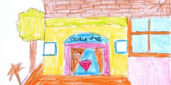 Child's colorful drawing of a school