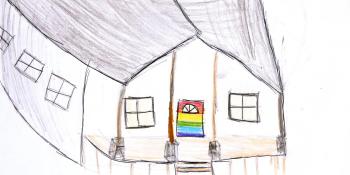 Drawing of a house with a rainbow-colored door