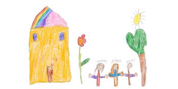 Child's drawing of yellow house with flowers and their family in front.