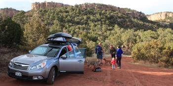 family and two dogs in the mountains next to a Subaru.