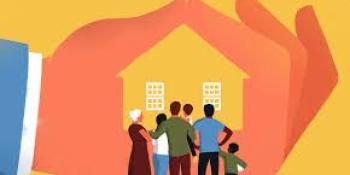 Colorful illustration of a group of people looking at the shape of a house created by a hand.