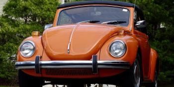 orange convertible vintage Volkswagen Beetle with black top in front of trees.