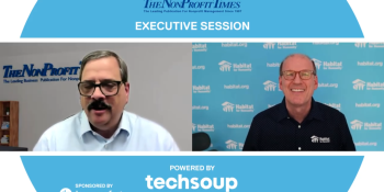 Screenshot of side-by-side video of Jonathan Reckford speaking to the NonProfit Times. Above them, text reads, "The NonProfit Times Executive Session," while the text below them reads, "Powered by techsoup," and "Sponsored by donor perfect." 