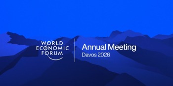 Blue graphic of mountain shapes overlaid with the World Economic Forum logo and text that reads "Annual Meeting Davos 2026"