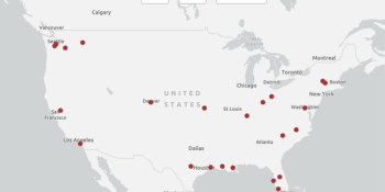 map of the U.S. with red dots