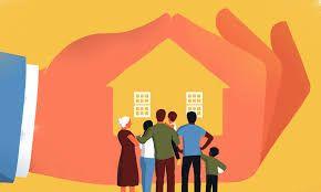 Colorful illustration of a group of people looking at the shape of a house created by a hand.