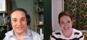 Still split screen image from podcast interview video with host Andrew Bleeker on the left and Habitat Chief Communications Officer Amy Dunham on the right.