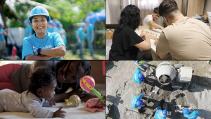 Collage of 4 photos with 2 photos showing Global Village volunteers on a project site and 2 photos of parents and children in their homes.