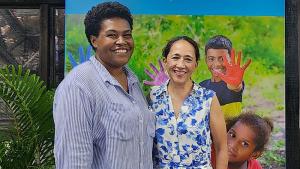 Habitat Fiji's carpenter Maria Dau (left) with Liz Satow, Habitat's Asia-Pacific vice president