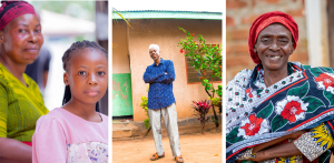 A collage of photos including a mother and a child, and an elderly woman and man