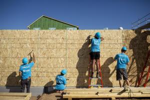 Four volunteers working on a wall with their backs to the camera. 