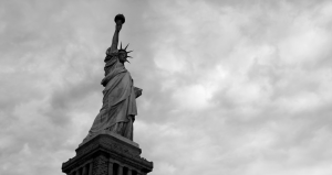 Black and white photo of the Statue of Liberty.