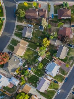 An aerial view of a neighborhood.