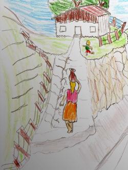 A children's drawing of a  person carrying water to a home.