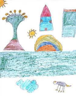 Child's drawing of a house, tree, rainbow and dog.