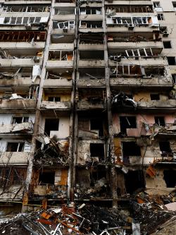 Severely war-damaged building in Ukraine