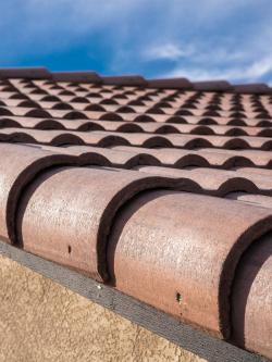 detail shot of a clay tile roof.