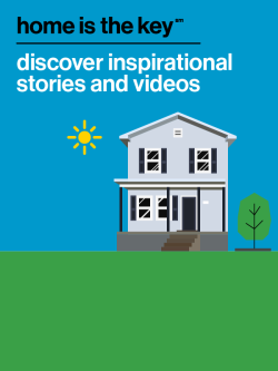 Illustration of a house with text "Home is the Key: Discover inspirational stories and videos"