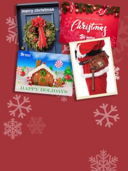 Red graphic with snowflakes and images of 4 different Habitat-branded holiday cards.