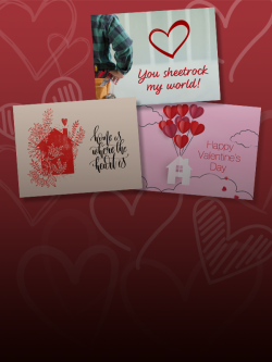 Graphic with red background showing three Valentine e-cards