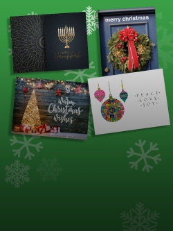 Graphic showing four e-cards on a green background with snowflakes. E-card messages include one "Warm Christmas wishes", one "Happy Hannukah", one "Merry Christmas" and one "Peace, love, joy"