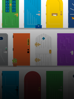 rows of colorful door graphics with various accessories