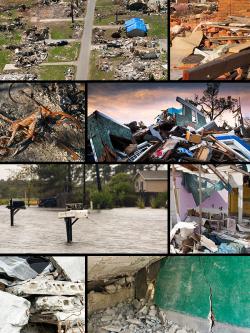 collage of photos showing aftermath of disasters like flooding and hurricanes.