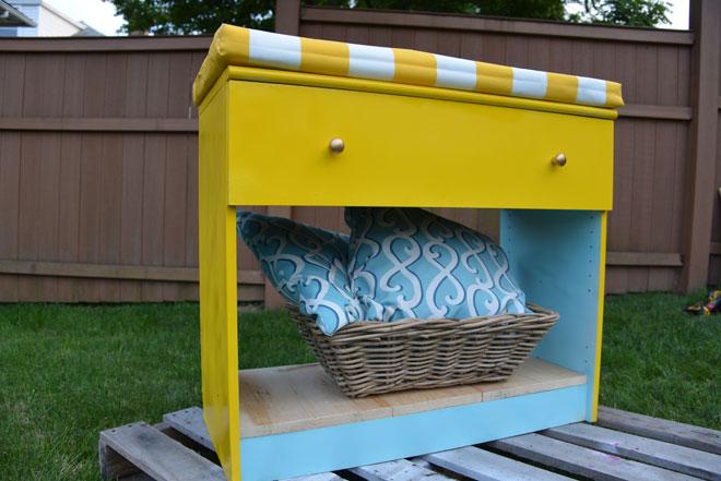 Final transformation old dresser storage bench