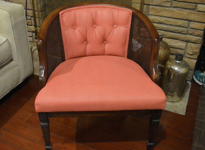 Reupholstered vintage barrel chair after photo