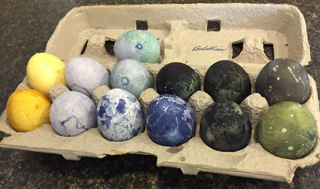Photo of naturally dyed eggs in an egg crate.