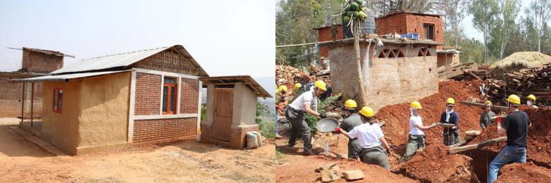 (Left) A house that has been rebuilt in Pipaltar. (Right) GV volunteers in Panchkal.