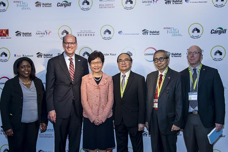 (From left) Habitat for Humanity International's COO Tjada McKenna, CEO Jonathan Reckford, Hong Kong Chief Executive Carrie Lam, Habitat for Humanity Hong Kong's honorary chair Darwin Chen and board chair Michael Lai at the opening of 6th Asia-Pacific Housing Forum in Hong Kong.