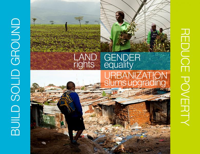 Infographics: the project`s main themes: land rights, gender equality, urbanization and slums upgrading
