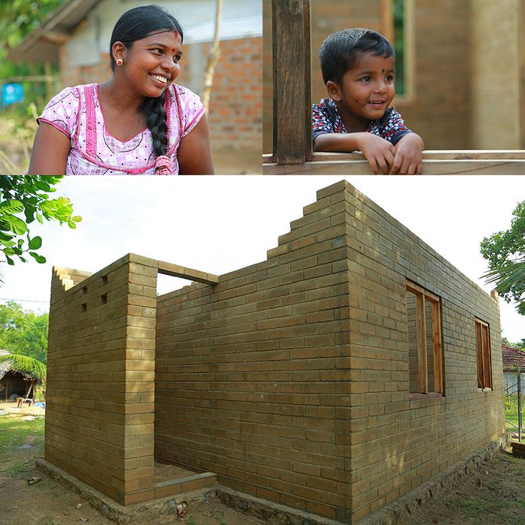 Prema and her son Thisan (top) and their house (below) that is made of compressed stabilized earth blocks.