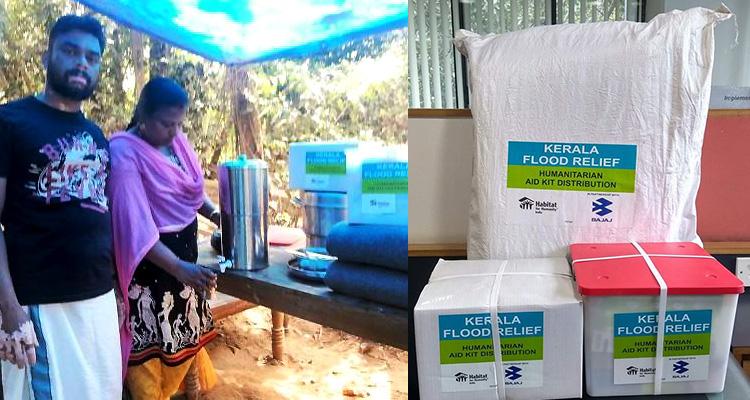(Left) Sharath and his wife Meera are staying in temporary shelter built with items from Habitat India's humanitarian kits (right)