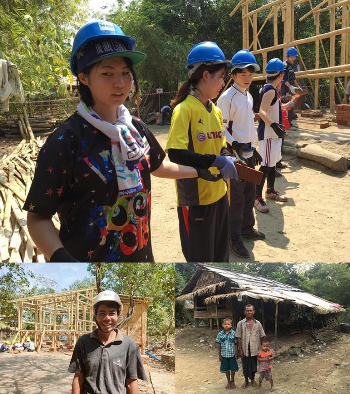 (Clockwise from top) Rino Yoshida (far left) and other Japanese volunteers at Asia Build in Myanmar; future homeowner U Thein Naing and his children in their old house and while his house was being built.