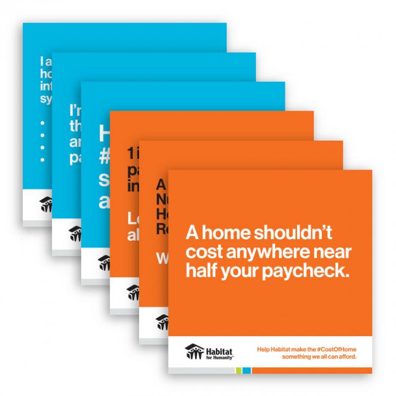 A stack of Cost of Home cards. The first one reads, "A home shouldn't cost anywhere near half your paycheck."