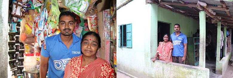 Lalita and her son Biddut inside their store (left) and outside their home (right) in Bangladesh.