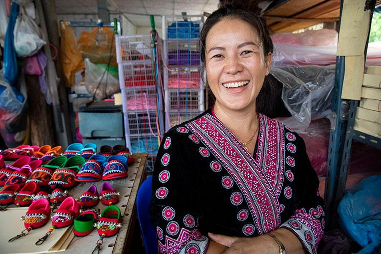 Jaruwan employs older people from Nong Kon Kru village in her home-based shoemaking business
