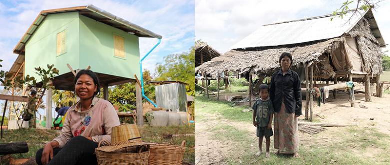 (Left) Sai in front of her new house completed during Cambodia Big Build 2019; (right) Sai and her child outside their old house.