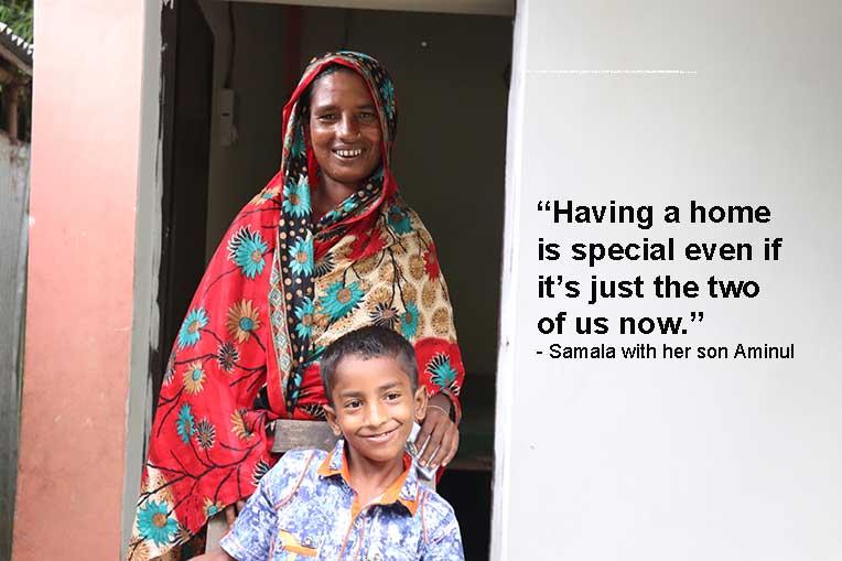 Samala with her son Aminul at the porch of their house in Jamalpur, Bangladesh