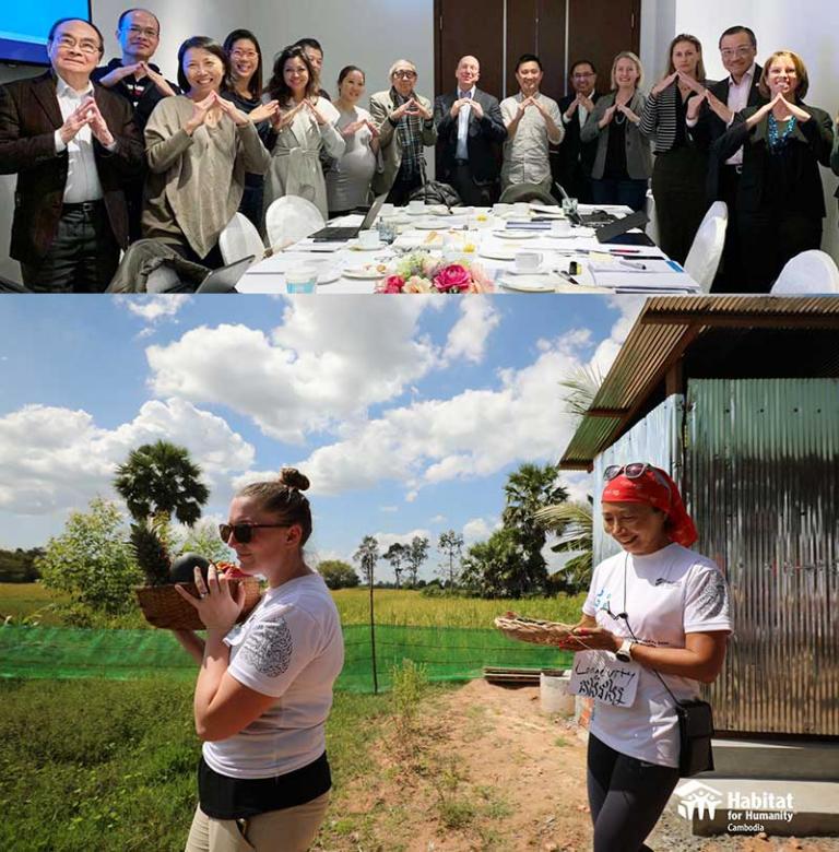 Olivia (top photo, third from left) at a meeting of Habitat Hong Kong's board and (bottom, right) at the Cambodia Big Build 2019.